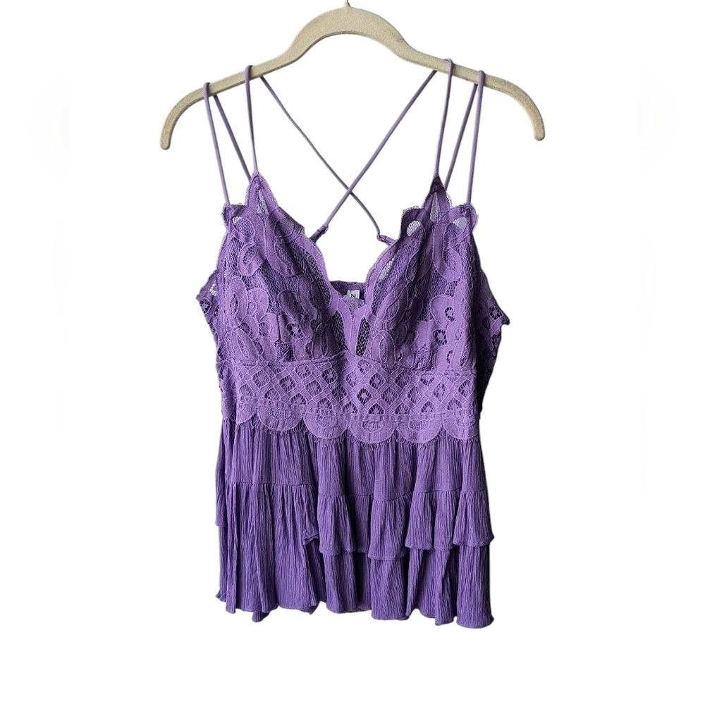 Zenana Festival Y2K Purple Lace Ruffle Tiered Women's Strappy Top, 2X
